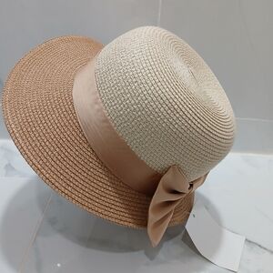 Sun Hat Cloche Vintage Inspired Band & Large Bow Cream Tan NEW